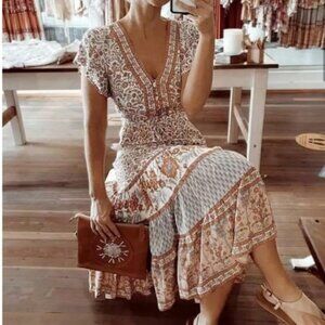 Boho Orange Butterfly Sleeve Floral Cottagecore Midi Dress